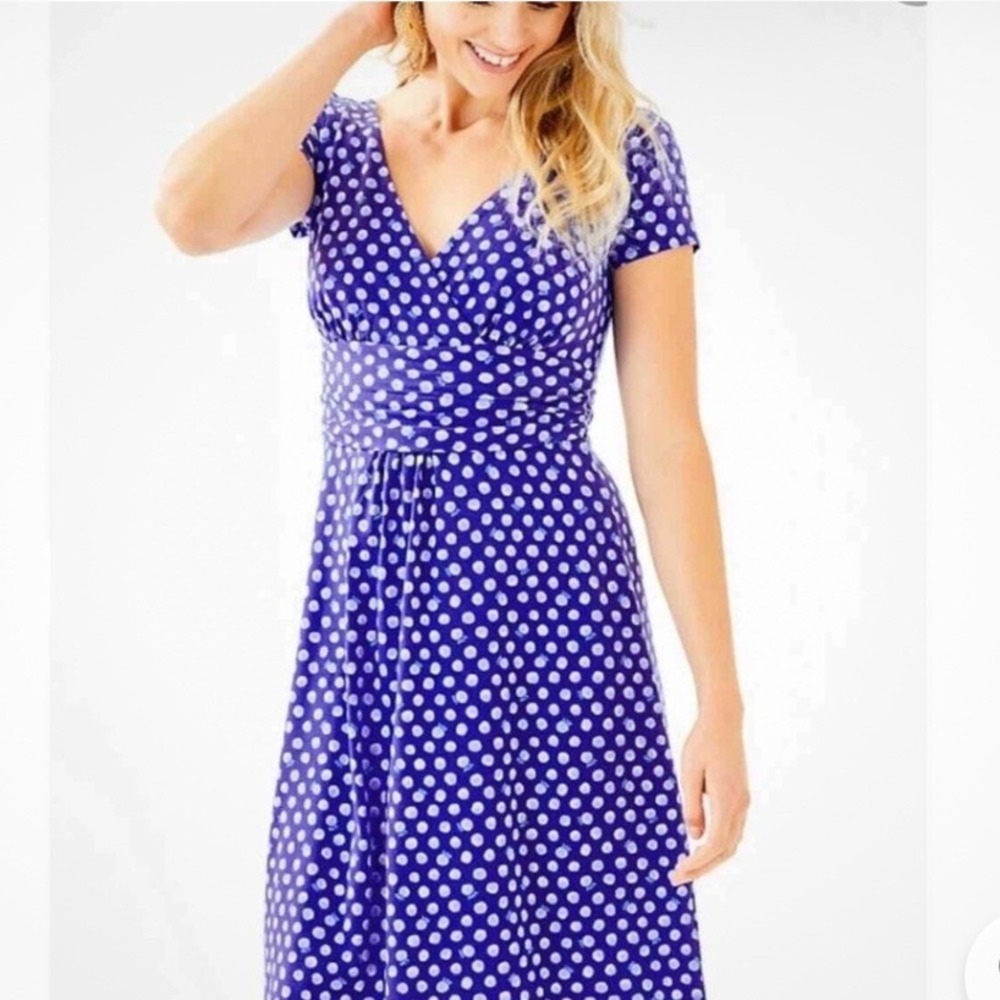 Lilly Pulitzer Marlowe Dress Blue Polka Dot V-Neck Short Sleeve 001139 Small